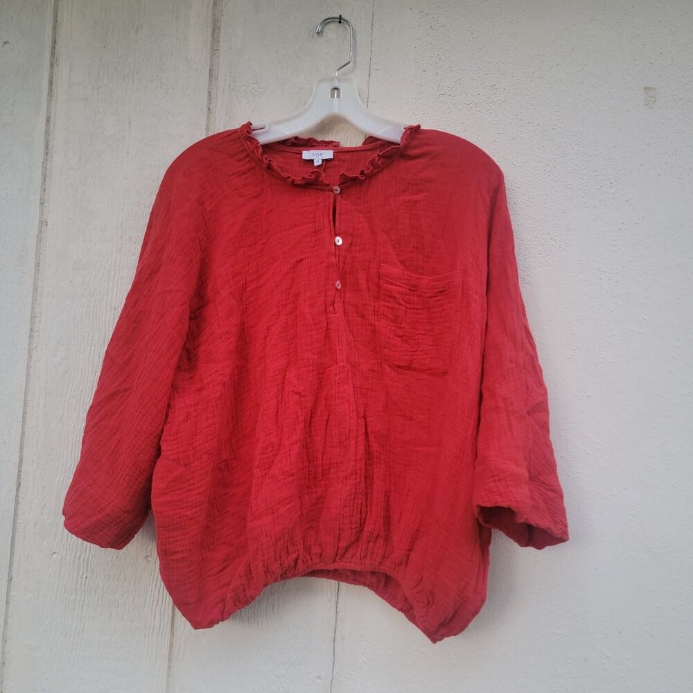 Voy ruffled neck top orange wmns sz med